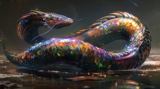 A naga with shimmering iridescent scales that change color depending on the light