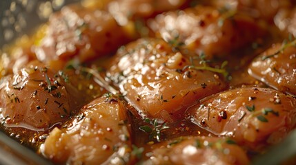 A close-up of frozen chicken thighs marinating in a flavorful sauce, ready to be grilled or roasted for a delicious meal, appealing to home cooks and food enthusiasts.