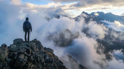 Lone Hiker Standing on Mountain Peak Amid Clouds. Breathtaking and Inspiring