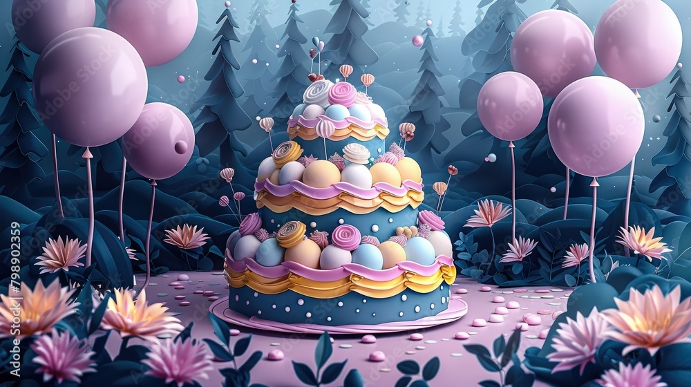 Poster vector illustration of a big multitiered cake with navy and yellow icing, decorated with flowers in 