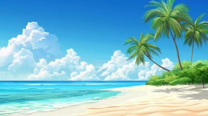 Fototapeta na wymiar Beach background with sun umbrella, deck chair and beach bag on sand at the sea or ocean shore