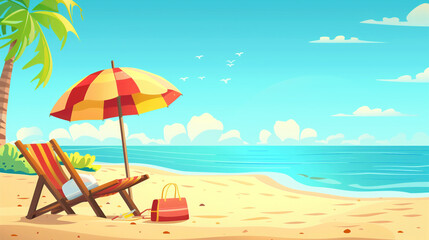 Beach background with sun umbrella, deck chair and beach bag on sand at the sea or ocean shore