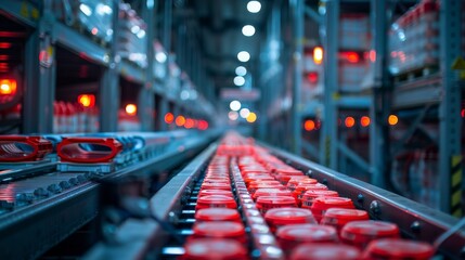 A conveyor belt transporting frozen chicken products through a cold storage warehouse, emphasizing the efficiency and quality control measures in the storage facility.