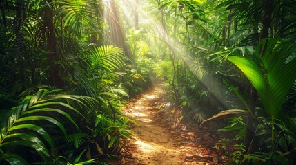 Sunlit Jungle Path Through Dense Foliage