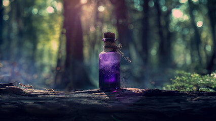 Mystical old small bottle - vial with a violet glass stopper with liquid, stands on a fallen tree...