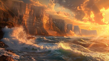 A dramatic seascape with towering cliffs and crashing waves, illuminated by the golden light of the setting sun.
