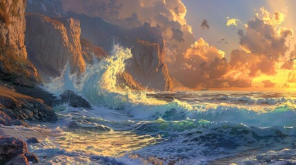 Fototapeta premium A dramatic seascape with towering cliffs and crashing waves, illuminated by the golden light of the setting sun.