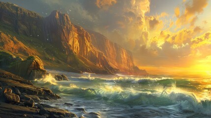 A dramatic seascape with towering cliffs and crashing waves, illuminated by the golden light of the setting sun.