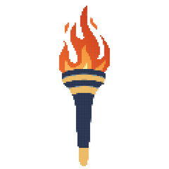Pixel icon. Flaming torchs. Pixel torch withe flame. Burning fire or flame. Sport fire sign. Athletic, champion, sports game or freedom torches with flames icon.