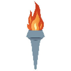 Pixel icon. Flaming torchs. Pixel torch withe flame. Burning fire or flame. Sport fire sign. Athletic, champion, sports game or freedom torches with flames icon.