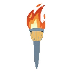 Pixel icon. Flaming torchs. Pixel torch withe flame. Burning fire or flame. Sport fire sign. Athletic, champion, sports game or freedom torches with flames icon.