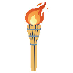 Pixel icon. Flaming torchs. Pixel torch withe flame. Burning fire or flame. Sport fire sign. Athletic, champion, sports game or freedom torches with flames icon.