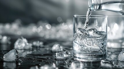 A bottle of vodka is pouring water into an elegant glass against a gray background. Generative AI.