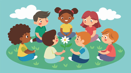 A group of children sit in a circle on a grassy field each one holding a flower as they take turns sharing their own personal definition of freedom. Vector illustration