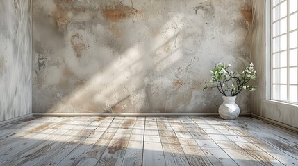 A light beige textured stucco paneled wall with weathered white paint and glaze effect. Walnut wood floor with satin finish and natural wear marks. Generative AI.