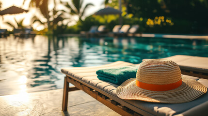 Orange sun hat and beach towel on lounge chair at luxury resort swimming pool. Blue water escape at upscale hotel. Exclusive destination travel, luxury vacation, tropical paradise for solo traveler.