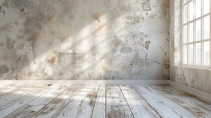A light beige textured stucco paneled wall with weathered white paint and glaze effect. Walnut wood...