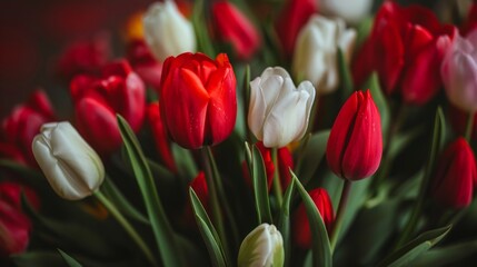 Fototapeta premium Many red and white tulips in a vase