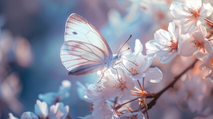 A butterfly perches on a cherry blossom branch, pollinating the pink flowers