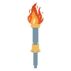 Pixel icon. Flaming torchs. Pixel torch withe flame. Burning fire or flame. Sport fire sign. Athletic, champion, sports game or freedom torches with flames icon.