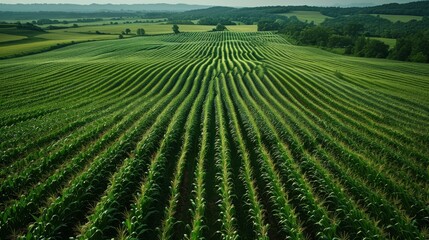 Aerial view of a corn plantation, showing the expansive rows for animal feed production.
