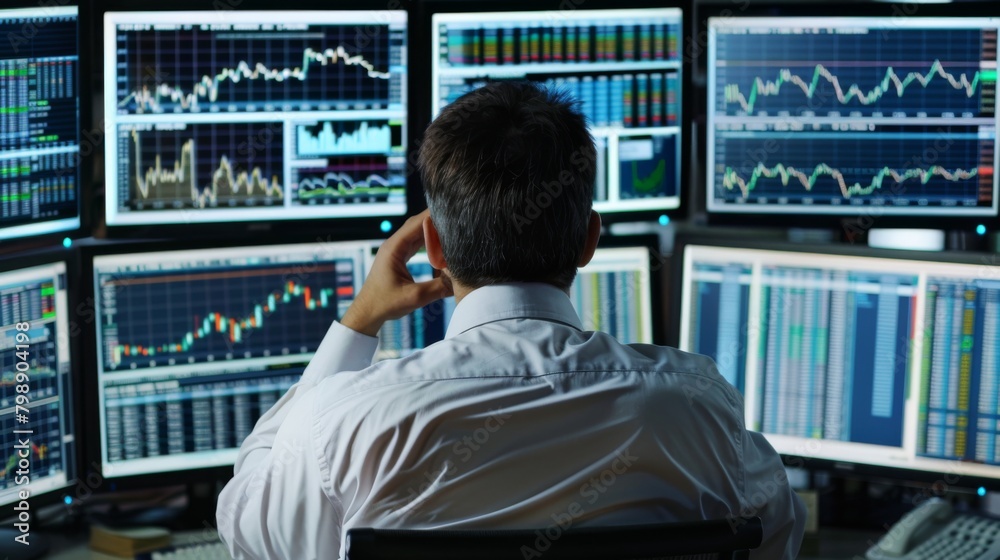 Fototapete A focused financial analyst reviewing intricate stock market graphs and data on multiple computer monitors.