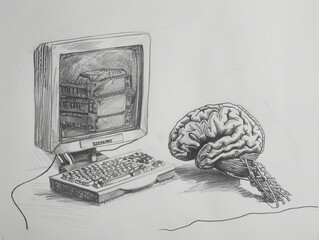 Sketch of a computer and a human brain, showing dependency and addiction
