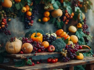 Close-up of a rustic wooden table adorned with colorful fruits and vegetables.