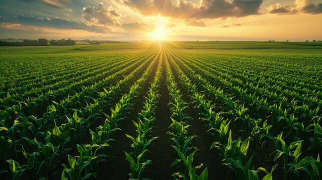 Aerial view of a corn plantation, showing the expansive rows for animal feed production.