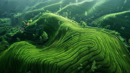 Aerial view of tea plantations forming a vibrant green pattern on rolling hills.