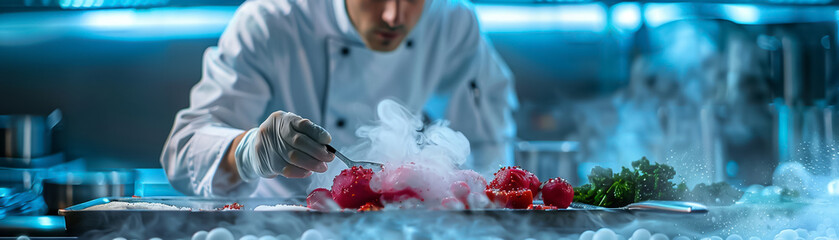A chef in a white uniform is carefully preparing a dish with seafood.