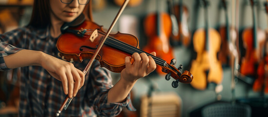 A music teacher tuning a violin in a music room, with musical instruments and scores softly blurred...