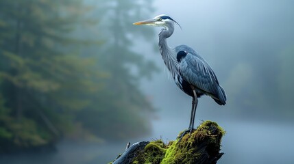 Majestic heron perches on timber, solemn guardian of the misty mountain woods - obrazy, fototapety, plakaty