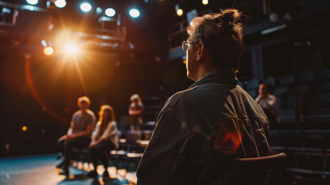 A drama teacher directing a play rehearsal with a diverse cast of students in a school theater, capturing the creative process and interaction, Teacher's day, natural light, soft s - Powered by Adobe
