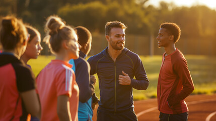 Obraz premium A sports coach strategizing with a mixed group of students on the athletic field, showing a moment of mentoring and teamwork, Teacher's day, natural light, soft shadows, blurred ba