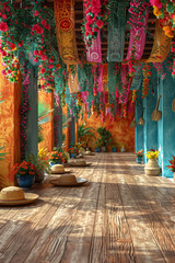 Abundant flowers cover a wooden floor in this vibrant scene festa junina