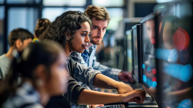 A computer science teacher helping students from various cultural backgrounds in a high-tech computer lab, focusing on collaborative projects and digital learning, Teacher's day, n