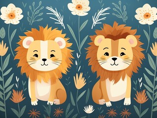 Lions and flora, savanna theme, seamless pattern, flat vector, solid bg ,  childlike drawing