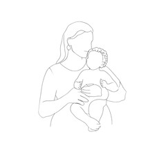 line drawing art of a mother holding her child on her chest,in a plain white background.