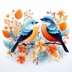 Obraz premium Playful birdies, floral harmony, infinite layout, vector art, white space , flat graphic drawing