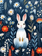 Rabbit and blooms, endless pattern, flat illustration, simple lines, solid color ,  repeating pattern - obrazy, fototapety, plakaty