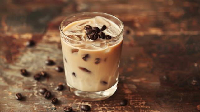 A glass of creamy iced coffee with floating coffee beans, perfect for a midday pick-me-up with a touch of whimsy.