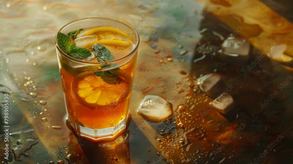 Poster a glass of iced tea with lemon slices and mint leaves, floating refreshingly in a pool of condensati