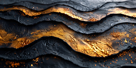 Detailed view of a black and gold wave pattern, created with acrylic textured art background