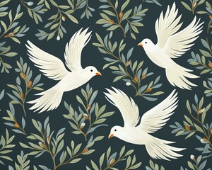 Stylized doves, leaf sprigs, repeating design, flat graphic, white canvas ,  flat graphic drawing