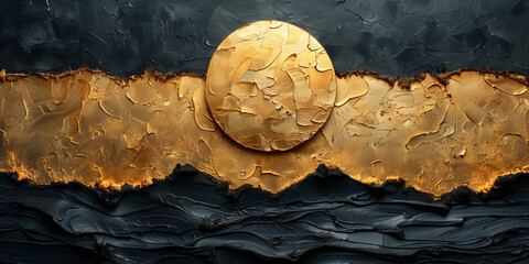 Acrylic textured painting featuring a gold circle on a black background