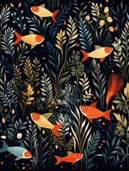 Whiskered wonders, fish and foliage, repeating vector, simple lines, solid canvas ,  pattern vectors and illustration