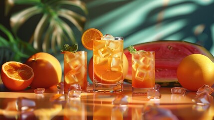5 juicy and bright summer cocktails, the one on the right is with watermelon, the one on the left is with lemon and the one in the center is with orange. Generative AI.