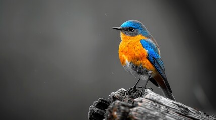 Majestic bluebird perched regally on timber, showcasing vibrant plumage against a soft, monochrome background