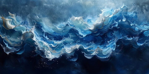 A painting depicting textured waves in dark blue and white colors